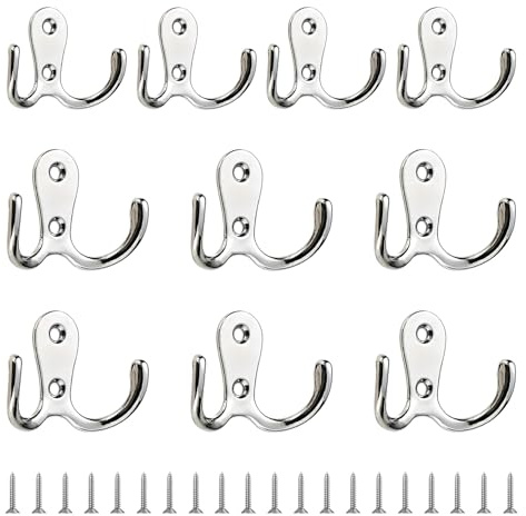 10 PCS Double Coat Hooks, Dual Prong Robe Hooks Wall Mounted, Zinc Alloy Retro Metal Robe for Hanging Clothes, Towel, Jacket, Bathroom, Bedroom, Kitchen - Silver, Includes Screws for Easy Installation