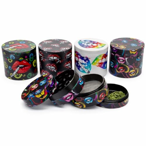 40mm 4-Part Metal Herb Grinder – Lips Design, Magnetic Lid, Shark Teeth Grinding Chamber, Mesh Filter & Storage – Random Printed Design