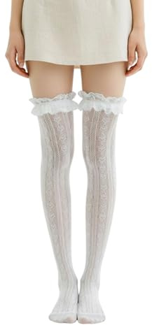 ASFWAGQ Lolita Knästrumpor Dam Folkloristiska strumpor Hjärtformade Randiga Strumpor med mönster Dirndl Overknee Spetsnätsstrumpor Fisknät Volanger Accessoarer Outfit, Vit, one size