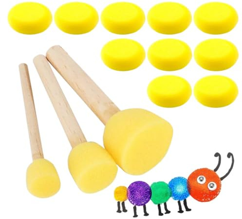 LQUYTA 1 Set 10 Esponjas Redondas 3 Pinceles de Esponja 1.5/2/3cm Diámetro Absorbente Pintura Cerámica Acuarela Arte Esponjas para Manualidades Coloración Pintura Facial(Amarillo)