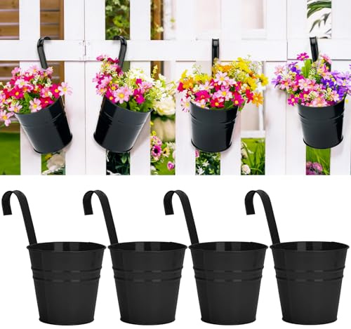 KINGLAKE 4 macetas de metal de 10 cm para plantas colgantes con gancho desmontable, maceteros de flores para vallas de jardín, colgantes, para exteriores, color negro