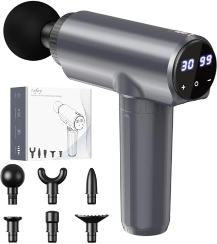 Pistola de Masaje Lefity, Masajeador de Tejido Profundo de con 30 Velocidades y 6 Cabezales de Masaje, Masajeador de Mano con Puerto de Carga USB-C