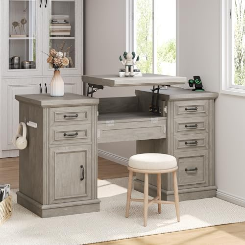 Jocoevol Farmhouse 57 Lift Up Executive Desk with 5 Drawers and Charging Station, Wood Home Office Computer Desk with File Cabinet Storage, Keyboard Tray,Headphone Hook for Work,Study (Grey)