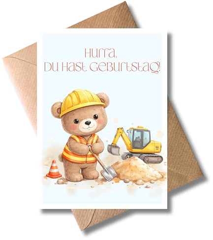 WBdesignz Geburtstagskarte Kinder „Hurra, du hast Geburtstag!“ mit Umschlag - süße Baumeister-Bär mit Schaufel & Bagger für kleine Bauarbeiter - Glückwunschkarte zum Kindergeburtstag, Jungen (DIN A6)