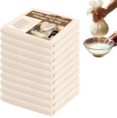 Katyjun 10 Stück Passiertuch wiederverwendbar mit robusten Kanten gegen Ausfransen 60x60cm Filtertücher Käsetuch Cheesecloth für Käse und Nussmilch Mulltücher Küche Baumwolle ungebleicht