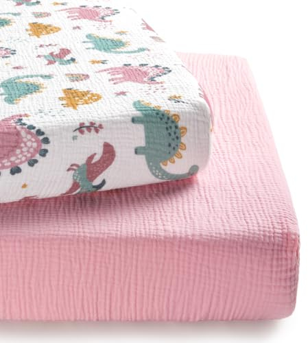 TILLYOU Juego de 2 sábanas bajeras de muselina para cuna de 60 x 120 cm, 100% algodón, para niños, bebé, diseño de arcoíris y dinosaurio