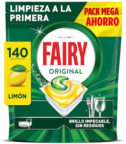Fairy Original Cápsulas De Lavavajillas, 140 Cápsulas, Limón, Acción De Limpieza A La Primera Sin Necesidad De Volver A Lavar, Eficaz En El 100% De La Grasa, Brillo Impecable Sin Residuos