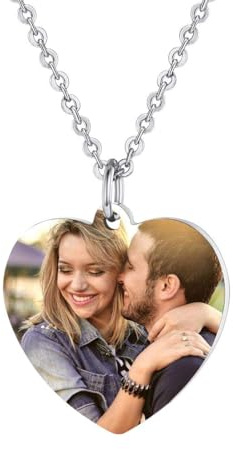 U7 Damen DIY Foto Kette personalisiert Edelstahl Herz Anhänger mit 2,5mm/50+5cm Rolokette Frauen Mädchen Foto und Texte Gravur Modeschmuck perfektes Souvenir Geschenk für Jahrestag Valentintag