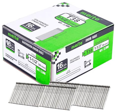 meite T38 16 Gauge Finish Nails, 38 mm 16GA Straight Finish Nails Galvanized Finishing Nail for Nailer Guns - Ideal for Woodworking, Upholstery, and Framing Projects (2,500 Counts)