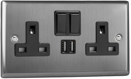 Varilight Double Switched Plug Socket With USB Charging - Classic Brushed Steel With Black Insert, XT5U2SB