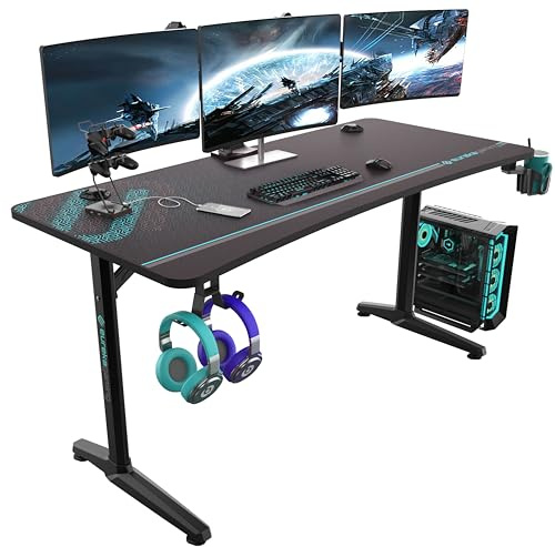 EUREKA ERGONOMIC Gaming Tisch 152×70cm Gaming Schreibtisch Großer Computertisch Ergonomischer PC Tisch Gamer mit Kopfhörerhaken, Getränkehalter für Home Office