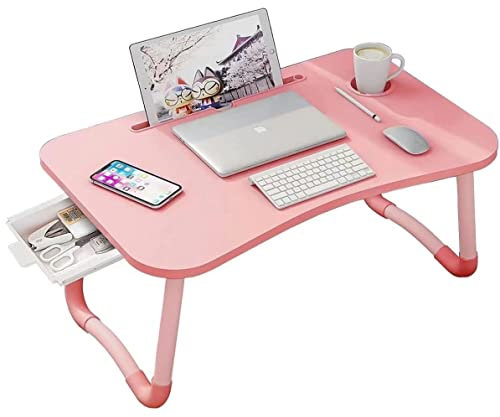 Laptop Desk Foldable Bed Table, Portable Lap Desk Laptop Bed Tray Table with Storage Drawer and Cup Holder, Lap TraysTables Notebook Stand Reading Desks Breakfast Tray for Beds Couch Sofa Floor – Pink