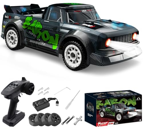 fisca 1/16 Remote Control High Speed Car, 4WD RC Drifting Racing Cars Fast 20MPH Truck 2.4Ghz Off-Road 4X4 Buggy Car Speed & Steering Control Vehicle Toy with Lights for Kids and Adults