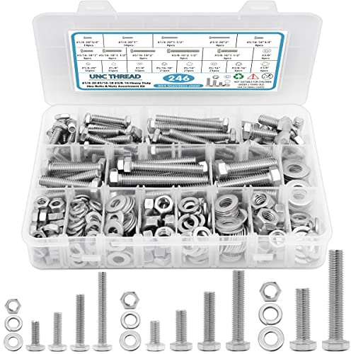 SATANTECH 246PCS Hex Head Bolts and Nuts Assortment Kit, Stainless Steel 1/4-20, 5/16-18, 3/8-16, Assorted Nuts and Bolts, Flat & Spring Lock Washers with Case