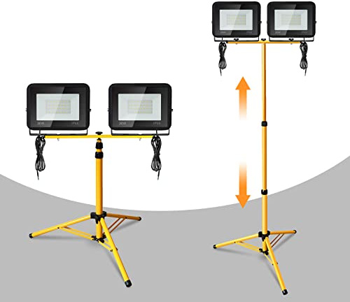 Herrselsam LED-byggspotlight med stativ, 2 x 50 W LED-strålkastare, arbetsstrålkastare, 3 000 K varm vit 4250 lm, arbet, IP66 vattentät bygglampa justerbar höjd (med 1 m kabel, ingen kontakt)
