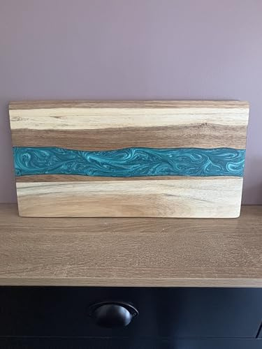 Tabla larga grande de madera de olivo hecha a mano de resina azul de 45 cm, bloque de servir para charcutería, tabla de quesos para el hogar