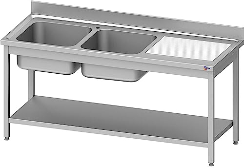 Cleiton® Fregadero de Acero Inoxidable de 2 Senos con Escurridor Derecha 1600x700x850 mm Desmontable | Pica Industrial con patas | Pila Lavadero