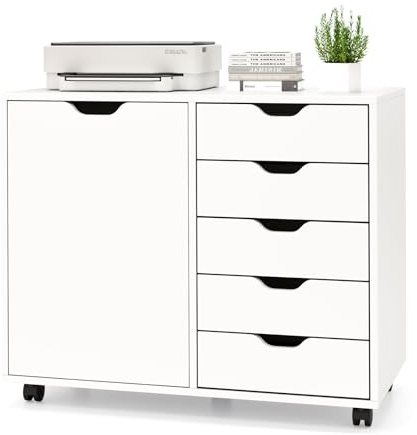 IFANNY File Cabinet, White Filing Cabinet w/Universal Wheels, Printer Stand w/Door & Storage Drawers, Rolling File Cart for Home Office, Living Dining Room, Bedroom (White, 5 Drawers & 1 Door)