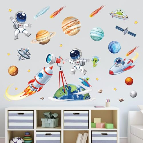 decalmile Wandsticker Weltraum Planeten Jungen Wandtattoo Raketen Weltall | Abziehbare und Aufklebbare Wandaufkleber, DIY Abnehmbare Wandkunst Abziehbilder, Wandfreundlich, Leuchtenden Farben