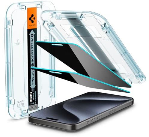 Spigen EZ Fit Sichtschutzfolie [2 Stück] für iPhone 15 Pro | Privacy Schutz, inklusive Installationskit, Kratzfest, Hüllenfreundlich, 9H Härte Folie