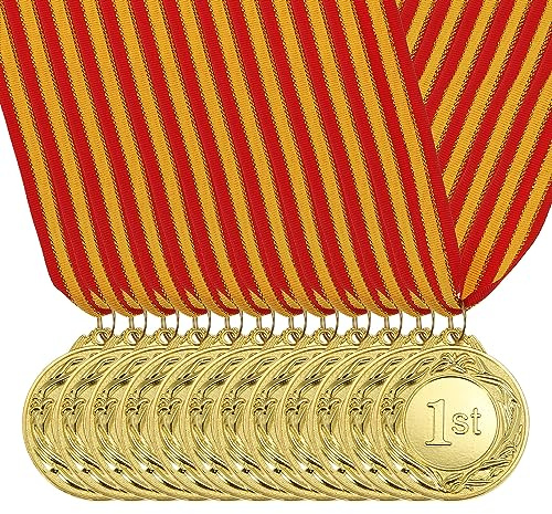 PATIKIL 2 Gold Preis Metalle 12Stk Gewinner Preis Medaillen 1. Platz Gold Gewinn mit Hals Farbband für Spiele Sportliche Wettkämpfe