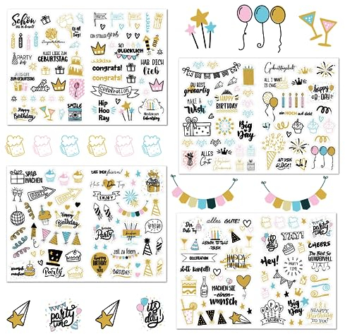 Sticker Geburtstag, (225 Motive) Geburtstag Sticker Set, Sticker Fotoalbum, Sticker Gästebuch, Liebevoll Gestaltete Geburtstagssticker als Deko, Aufkleber Kinder Erwachsene Teenager - Elegantes Design