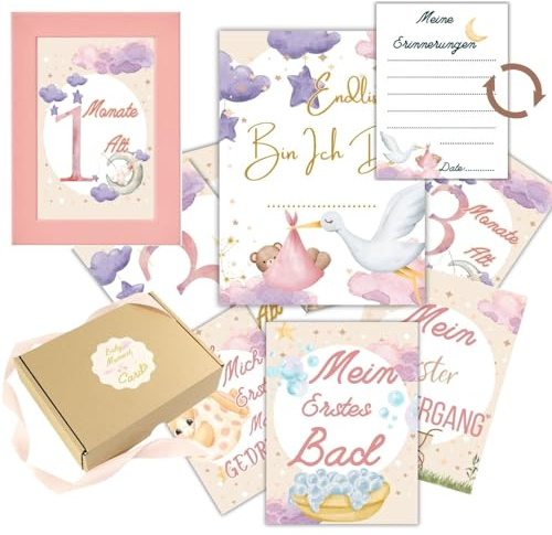 40 Meilensteinkarten Baby für Mädchen - Set von Meilensteinkarten mit Geschenkbox + Holz-Fotorahmen - Hervorragende Geschenkidee für Geburt, Taufe und Babyparty (Rosa Rahmen)
