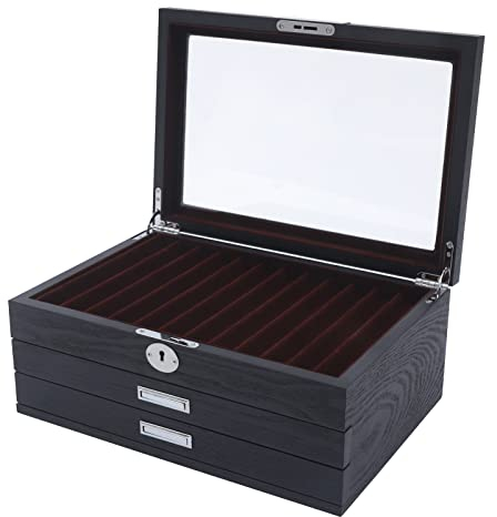 BAOCHADA Stifte Sammelbox Holz 3 Lagige Holz Stift Display Box, Stifthalterbox Holz Abschließbar Füllfederhalter Holz Aufbewahrungsbox mit Acrylglas für 34 Füllfederhalter, Schwarz
