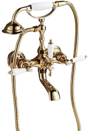 ZYCDP Retro Badewannenarmatur mit Handbrause Messing Zweigriff Wannenbatterie Wasserhahn Badewanne Wandmontage Dusche Set, Gold B