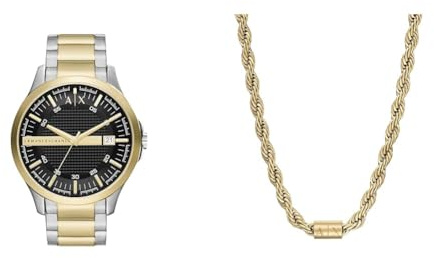 Armani Exchange Herrenuhr Multicolor und Halskette in Goldtönen, Edelstahl, Set