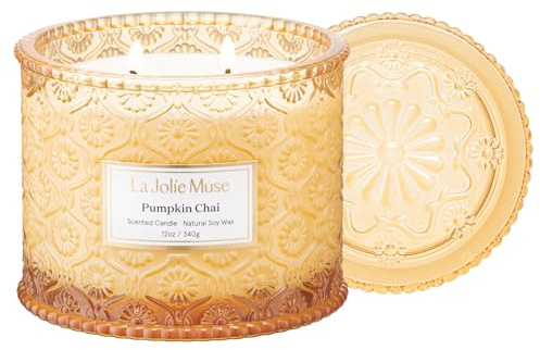 LA JOLIE MUSE Pumpkin Chai Candle | Spicy Chai & Vanilla | 12 oz Double Wick Soy Candle | 60 Hours Clean Burn | Elegant Home Décor & Hosting Gift