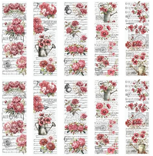 WANDIC 10 Blatt Transfer-Aufkleber, Vintage-Stil, rosa Blumen-Aufkleber mit Schriftzug, Möbel-Blumenaufkleber für Tisch, Wasserflasche, DIY, Handwerk, 30 x 9,9 cm