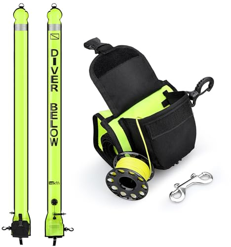 Owekfifv Surface Marker Boje und Tauchrolle, 1,8 m, hohe Sichtbarkeit, offener Boden, verzögerter SMB mit Spulen-Aufbewahrungstasche + 30,5 m Tauchspule und Clip
