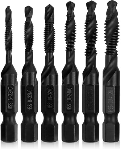 Mesee 6 Pieces Combination Drill Tap Bit Set, Nitriding Coating HSS Taps Drill Bits 1/4-Inch Hex Shank Spiral Screw Thread Tapping Bits in SAE Size 6-32NC 8-32NC 10-24NC 10-32NC 12-24NC 1/4-20NC