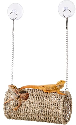 CroBlissful Reptile Hide Cave Hollow Cave Hideout with 2 Pcs Suction Cup and Chain Gecko Hide Reptile Tank Decor Seagrass Fiber Climbing Toy for Lizard Snake Hermit Crab(Long Cylindrical,Pale Yellow)