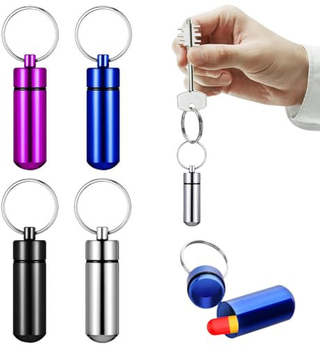 4 Mini Porta Pillole in Alluminio,Portapillole Portachiavi,con Anello Portachiavi Porta-Pillole Capsula,Scatolina Porta Medicinali da Viaggio per Confezionare Pillole Stuzzicadenti