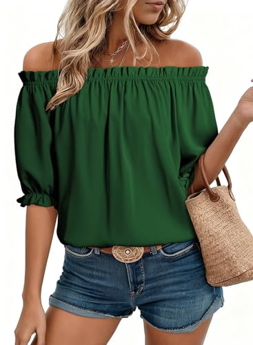 EVALESS Womens Summer Tops Teacher Outfits Off The Shoulder Blouses for Women Dressy Basic Short Sleeve Shirts Trendy 2026 Spring Clothes Cute Puff Sleeve Tunic Tops Work T Shirts, Green Small