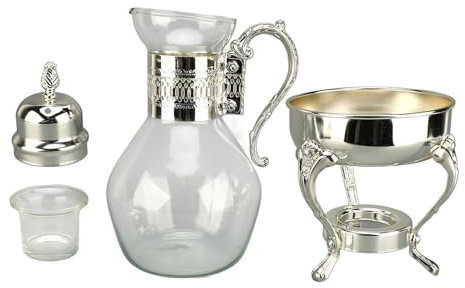 Sunicon Vintage Turkish Teapot, Glass Coffee Pot Set Heatable Water Pitcher with Lid and Cup for Home and Office Use (Silver)