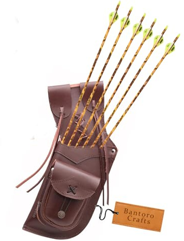 Bantoro Crafts Brown Leather Traditional Leather Left Side Waist Archery Quiver Arrows Holder Waist/Hip Hanging Shooting Hunting Shoulder Belt Bag bow
