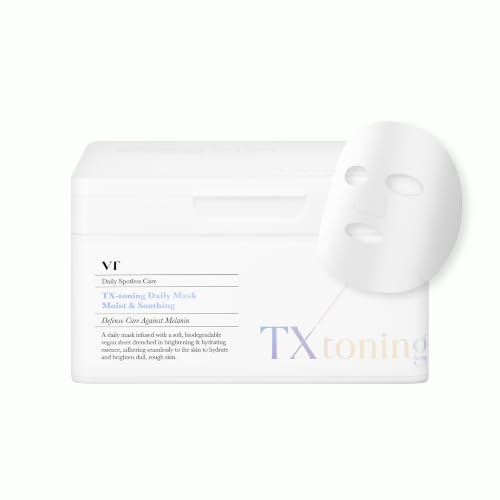 VT COSMETICS TX Toning Daily Mask 30 Sheets, Tranexamic Acid, Niacinamide, Glutathione for Acne Scars, Dark Spots, Sun Spots, Hydrating & Glowing Facial Mask, Fragrance-Free, Korean Face Mask