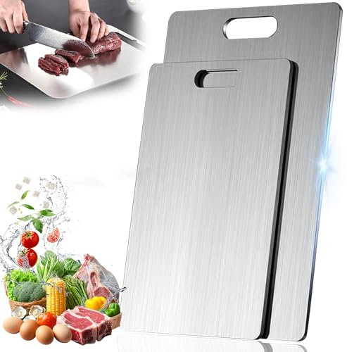 2 Pièces Planche a Decouper en Titane, Planche a Decouper des Deux Côtés Titanium Cutting Board Planche a Decouper Inox, pour Couper la Viande, les Fruits et les Légumes (2 Pièces)