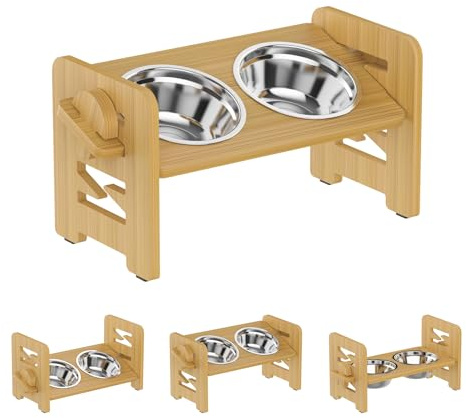 MOXYOY Gamelle Chien Surélevées de 6 Hauteurs Ajustables, Support de Gamelle en Bambou Durable avec 2 Gamelles en Acier Inoxydable, Gamelles Surélevées pour Petits Chiens et Chats