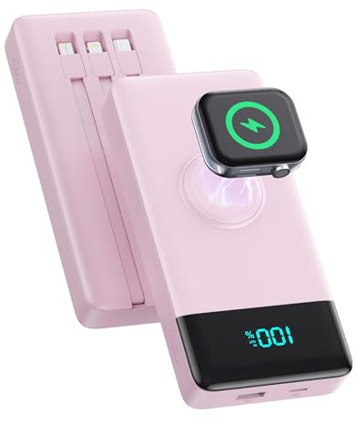 Power Bank 10800mAh con 3 Cables Integrados&Cargador para Apple Watch,6-in-1 Bateria Externa PD 25W+QC4.0 USB C Carga Rapida Bateria Portatil con Pantalla LCD para i-Watch/iPhone/Samsung/Huawei-Rosa
