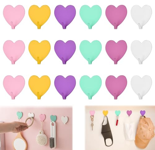 18 Stück Selbstklebende Haken Bunte Wandhaken ohne Bohren Handtuchhaken Herzform Klebehaken kleine Haken Wand Haken Kleben Wasserdicht Selbstklebend Wandhaken für Bad Toilette Küche Büro Badezimmer