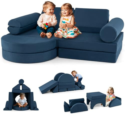 COSTWAY 14 teiliges modulares Kindersofa, Spielsofa aus Schaumstoff, Bausteine-Sofa zum Klettern & Krabbeln, Kinderspielcouch ausklappbar für Kinderzimmer, Spielzimmer (Marineblau)