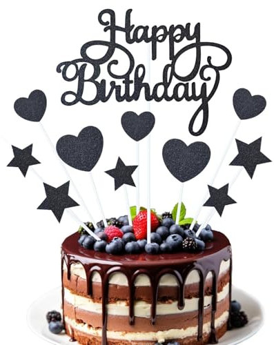 11 Piezas Decoracion Tartas Cumpleaños Negro, Happy Birthday Cake Topper Estrellas Tarta Topper Tarta Corazón, Decoración para Tartas Purpurina para Niñas Niños Fiesta Cumpleaños, Aniversario (B)
