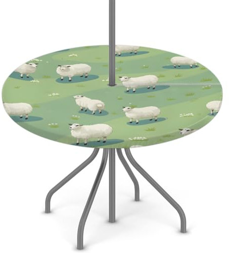 Woltant Tovaglia rotonda con foro per ombrellone e cerniera, facile da pulire, con bordi elastici, protezione per tavolo da giardino, patio, barbecue (pecore pratate)