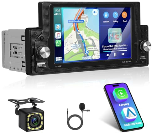 Carplay Android Auto 1Din Car Stéréo, Motorsi 5.9 Pouces HD Écran Tactile Poste Radio Voiture, Autoradio Prise en Charge de Bluetooth 5.0/MirrorLink/FM/USB/ MP5 Lecteur + Caméra Arrière
