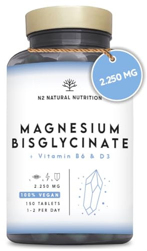 Magnesium Bisglycinate, 2250mg Glycinate Supplement, Including 450mg Elemental Magnesium, Vitamin D3 + B6. 150 Tablets High Absorbtion, Help Reduce Tiredness and Fatigue. N2 Natural Nutrition