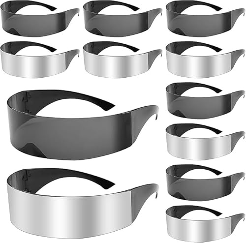 HFZCV 12 Pairs Futuristic Sunglasses, Narrow Cyclops Mirrored Lens Visor Glasses for Fancy Dress, Alien Space Sunglasses for Halloween, Cosplay, Carnival & Rave Party, Silver Mirror